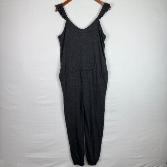 Chaser Triblend Flutter Ruffle V Neck Drawstring Lounge Comfy Jumpsuit Grey M - Picture 4 of 9